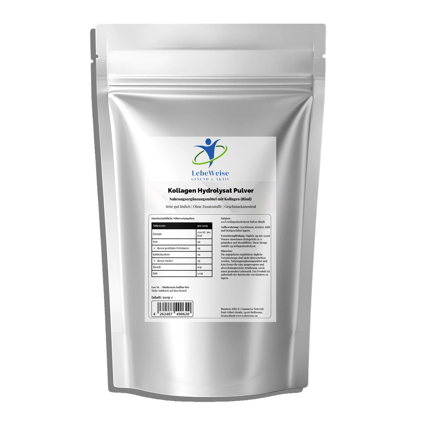 Kollagen Hydrolysat Pulver 500g Doypack von LebeWeise - Reines Kollagenpulver für Haut, Haare und Gelenke