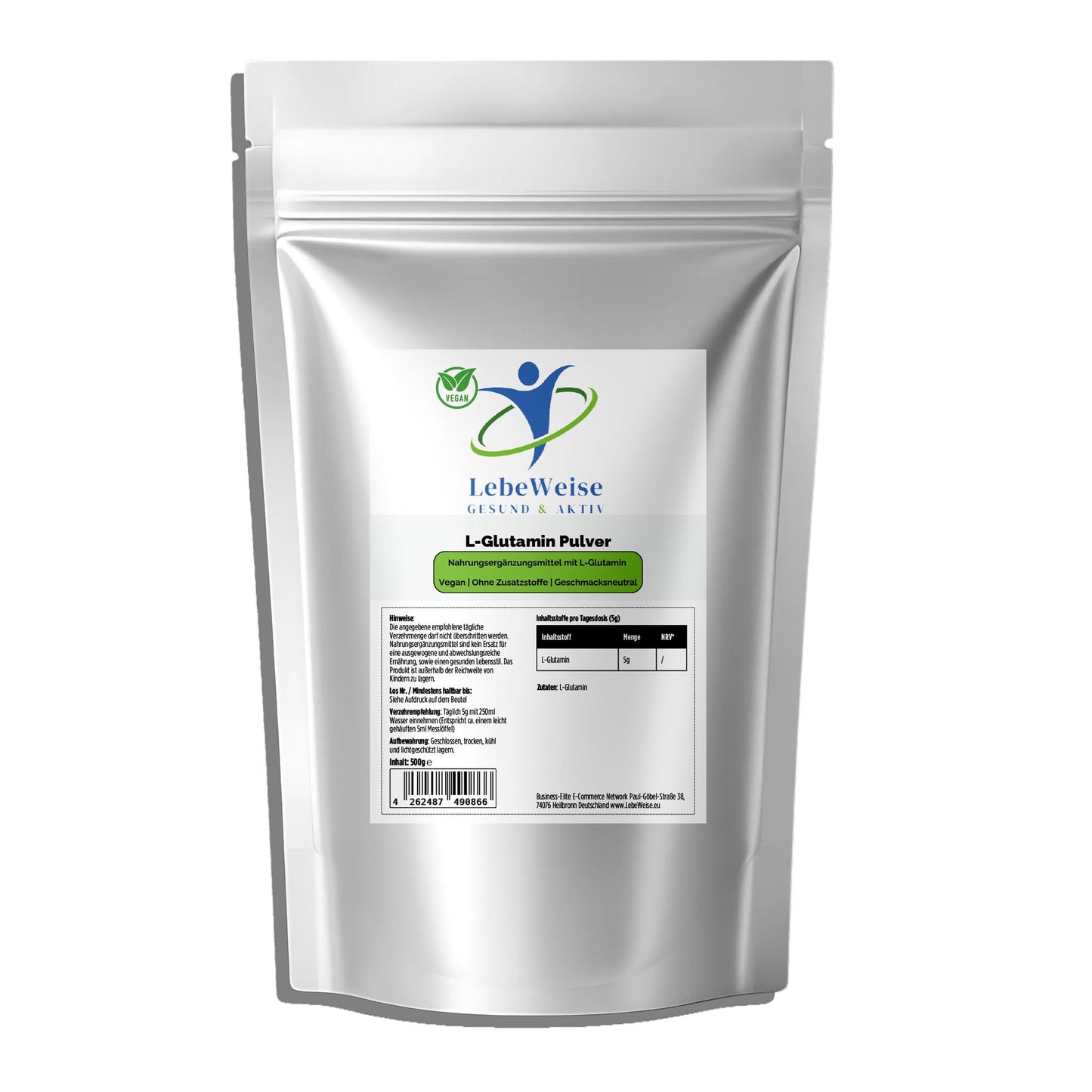 L-Glutamin Pulver 500g Doypack von LebeWeise - Reine Aminosäure für Muskelaufbau und Regeneration
