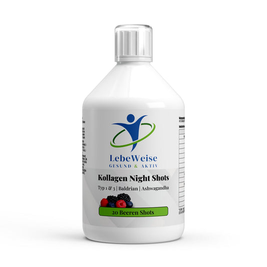 Kollagen Night Plus+ Shots 500ml von LebeWeise - Flüssiges Kollagen für Haut, Haare und Nägel über Nacht
